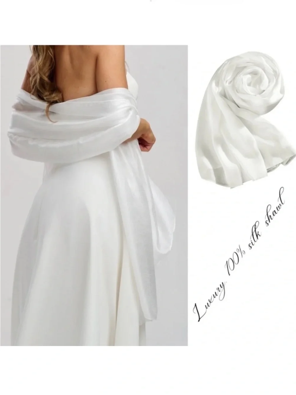 100% SILK SATIN White Large Shawl Scarf Wrap Wedding Bridal Bridesmaid Cover up